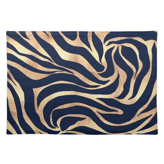 Elegant Navy Blue Gold Zebra Print Cloth Placemat (Front)