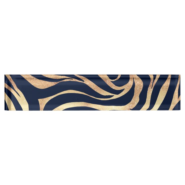Elegant Navy Blue Gold Zebra Print Desk Name Plate (Front)