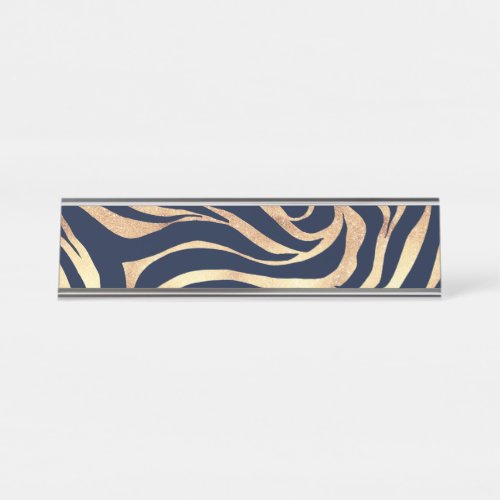 Elegant Navy Blue Gold Zebra Print Desk Name Plate