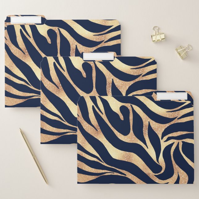 Elegant Navy Blue Gold Zebra Print File Folder (Set)