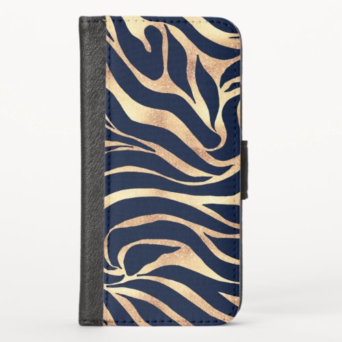 Elegant Navy Blue Gold Zebra Print iPhone XS Wallet Case