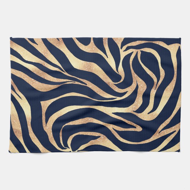 Elegant Navy Blue Gold Zebra Print Kitchen Towel (Horizontal)