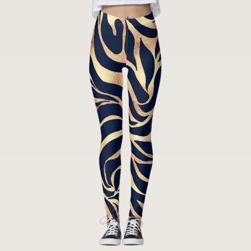 Elegant Navy Blue Gold Zebra Print Leggings