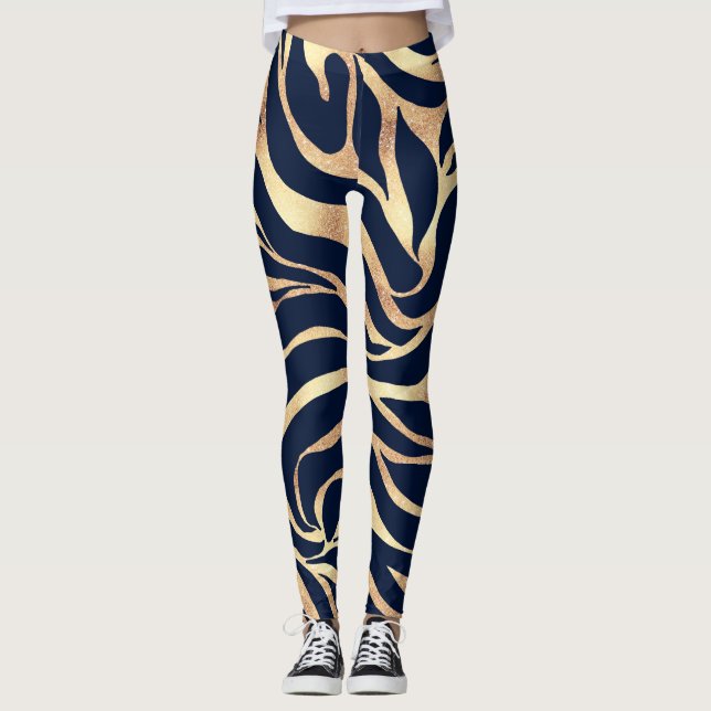 Elegant Navy Blue Gold Zebra Print Leggings (Front)