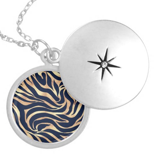 Elegant Navy Blue Gold Zebra Print Locket Necklace