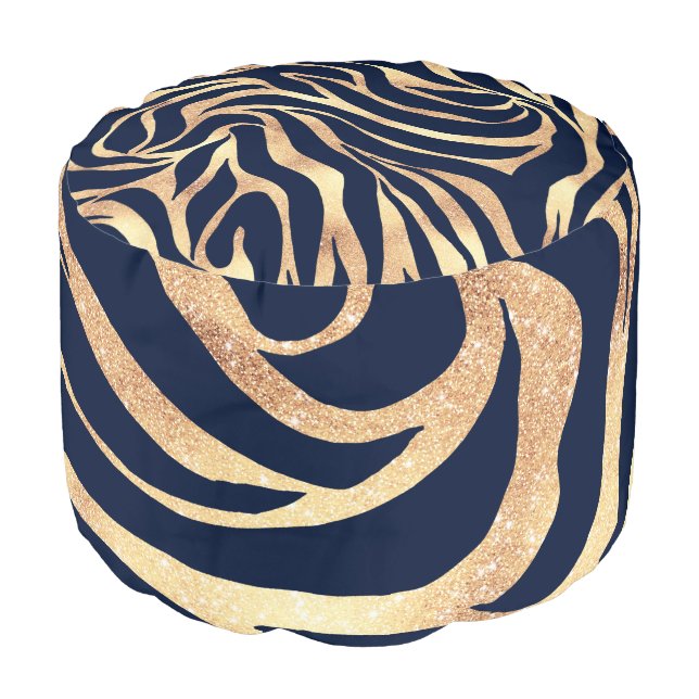 Elegant Navy Blue Gold Zebra Print Pouf (Angled Front)