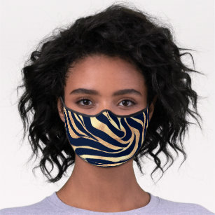 Elegant Navy Blue Gold Zebra Print Premium Face Mask
