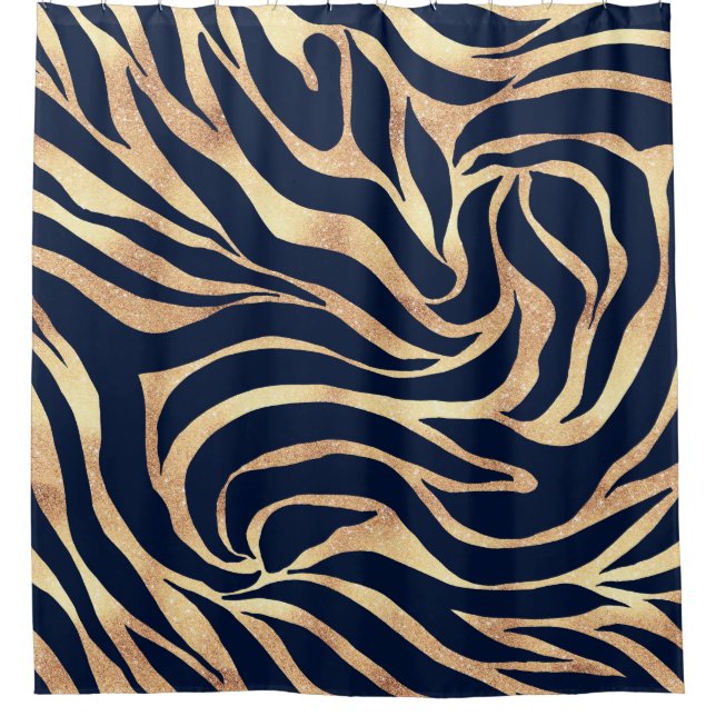 Elegant Navy Blue Gold Zebra Print Shower Curtain (Front)