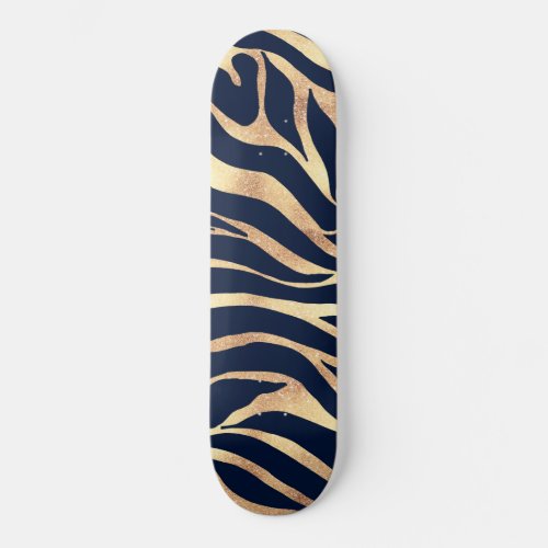 Elegant Navy Blue Gold Zebra Print Skateboard