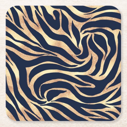 Elegant Navy Blue Gold Zebra Print Square Paper Coaster