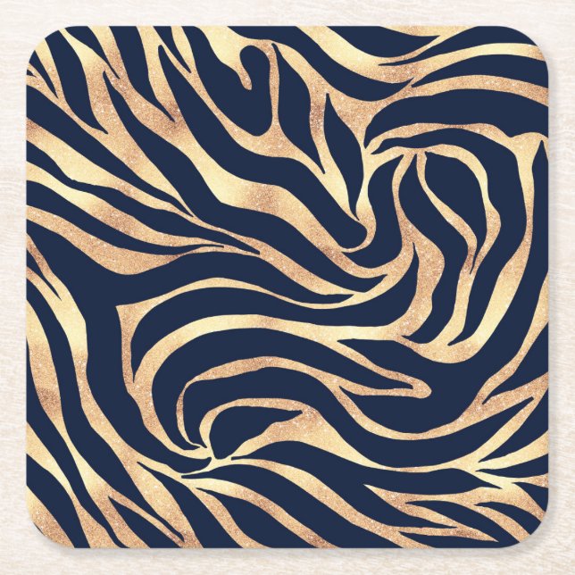 Elegant Navy Blue Gold Zebra Print Square Paper Coaster (Front)