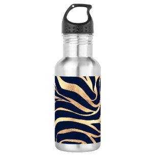 Elegant Navy Blue Gold Zebra Print Stainless Steel Water Bottle