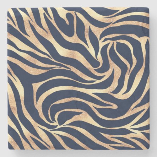 Elegant Navy Blue Gold Zebra Print Stone Coaster