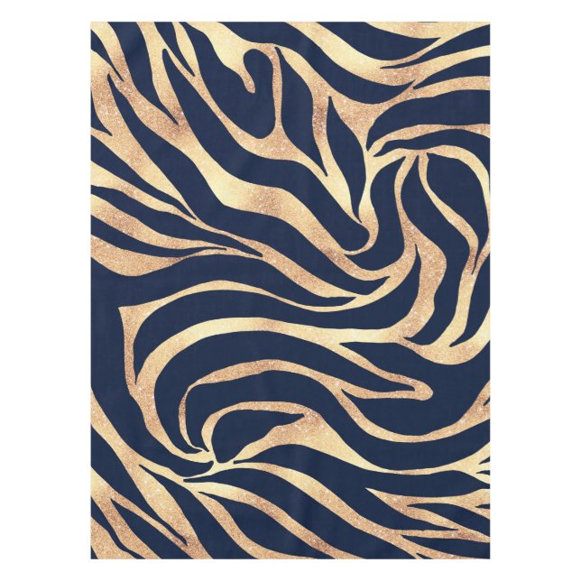 Elegant Navy Blue Gold Zebra Print Tablecloth (Front)