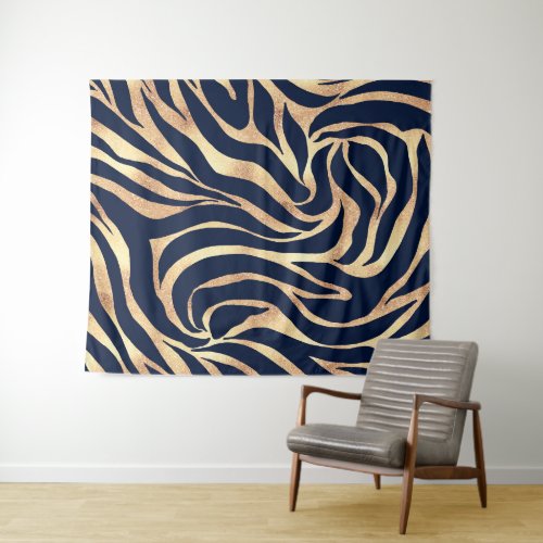 Elegant Navy Blue Gold Zebra Print Tapestry