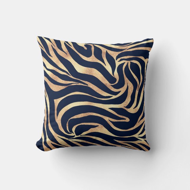 Elegant Navy Blue Gold Zebra Print Throw Pillow (Front)