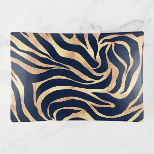 Elegant Navy Blue Gold Zebra Print Trinket Tray