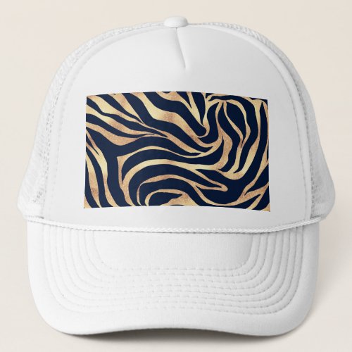 Elegant Navy Blue Gold Zebra Print Trucker Hat