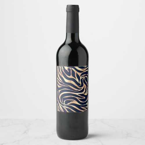 Elegant Navy Blue Gold Zebra Print Wine Label