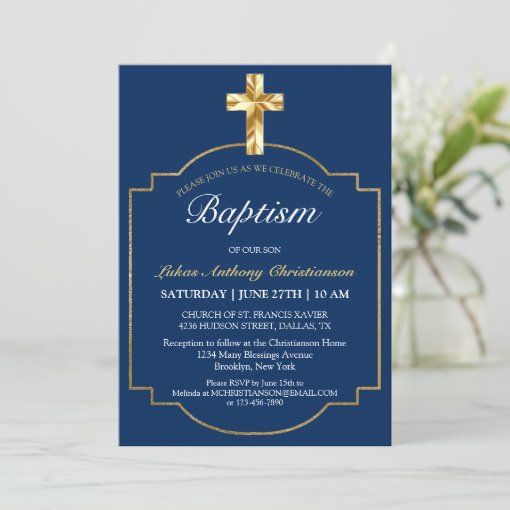 Elegant Navy Blue Golden Cross Boys Baptism Invitation | Zazzle