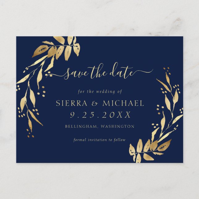 Elegant Navy Blue Golden Foliage Save the Date Announcement Postcard (Front)