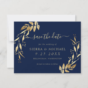 Elegant Navy Blue Golden Foliage Save the Date Invitation