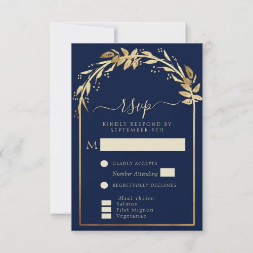 Elegant Navy Blue Golden Foliage Wedding Arch RSVP Card