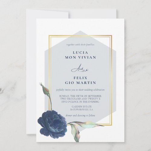 Elegant Navy Blue Golden Frame Floral Wedding Invitation
