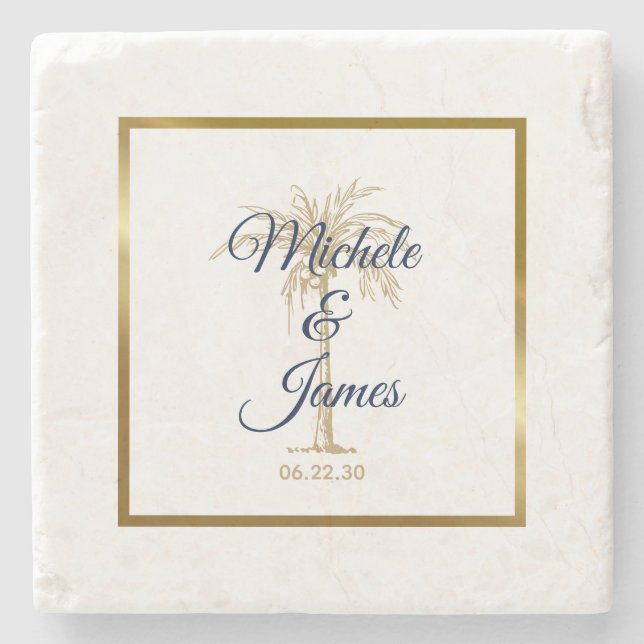 Elegant Navy Blue Golden Palm Tree Modern Wedding Stone Coaster (Front)