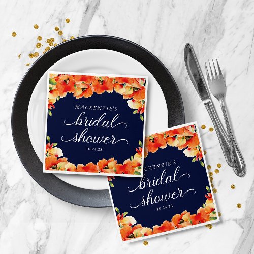 Elegant Navy Blue Golden Poppy Bridal Shower Napkins