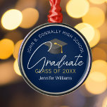 Elegant Navy Blue Graduate Personalized Christmas Metal Ornament<br><div class="desc">This personalized,  elegant navy blue graduate Christmas ornament features sophisticated handwritten white script under a modern grey graduation cap with gold tassel. Customize this gift with your high school,  college,  or university name in a classy arc above the graduating year for the Class of 2026.</div>