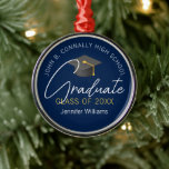 Elegant Navy Blue Graduate Personalized Christmas Metal Ornament<br><div class="desc">This personalized,  elegant navy blue graduate Christmas ornament features sophisticated handwritten white script under a modern grey graduation cap with gold tassel. Customize this gift with your high school,  college,  or university name in a classy arc above the graduating year for the Class of 2025.</div>