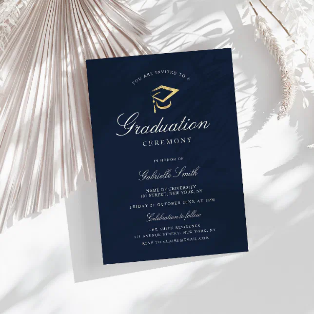 Elegant navy blue graduation ceremony invitation | Zazzle