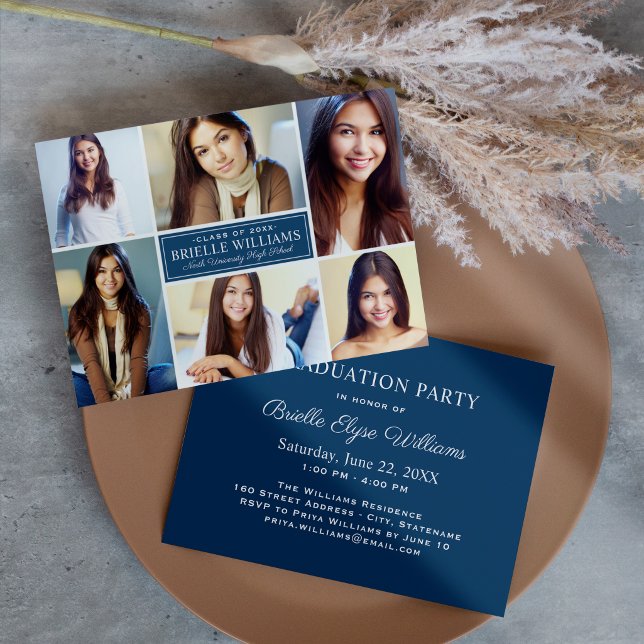 Elegant Navy Blue Graduation Party Photo Collage Invitation