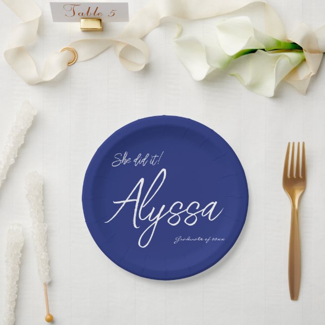 Elegant Navy Blue Graduation Party She Did It Paper Plates (Wedding)