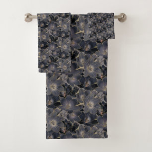 Elegant Navy Blue & Gray Floral Pattern Bath Towel Set