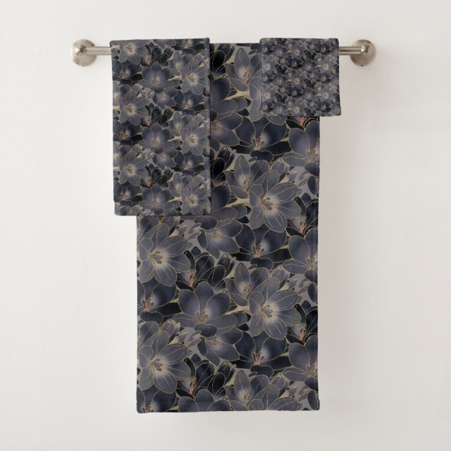 Elegant Navy Blue & Gray Floral Pattern Bath Towel Set (Insitu)