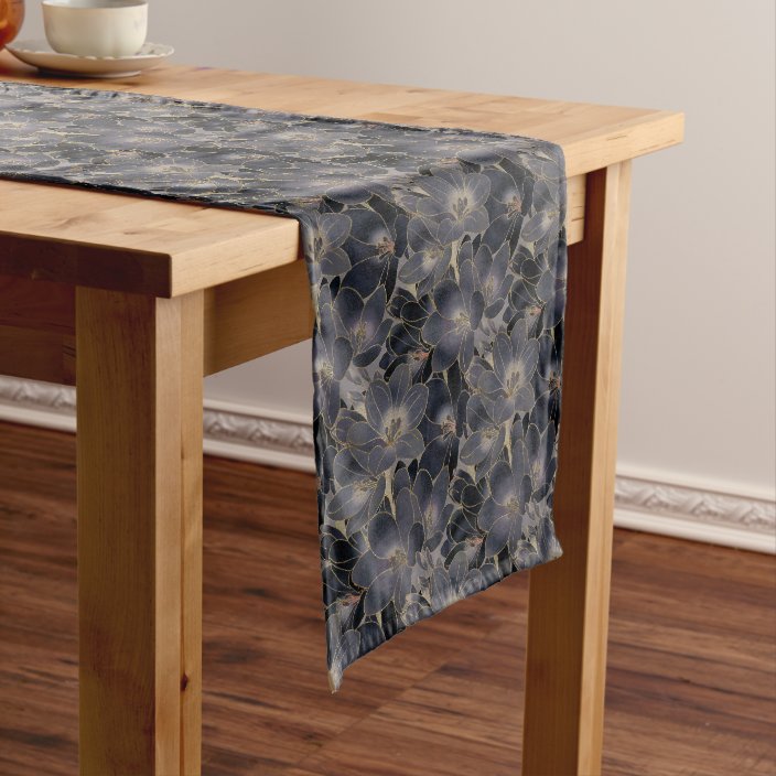 Elegant Navy Blue & Gray Floral Pattern Medium Table Runner