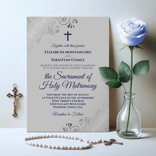 Elegant Navy Blue  Gray Modern Catholic Wedding Invitation