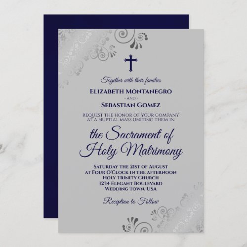 Elegant Navy Blue  Gray Modern Catholic Wedding Invitation