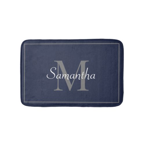 Elegant Navy Blue Gray White Modern Monogrammed  Bath Mat