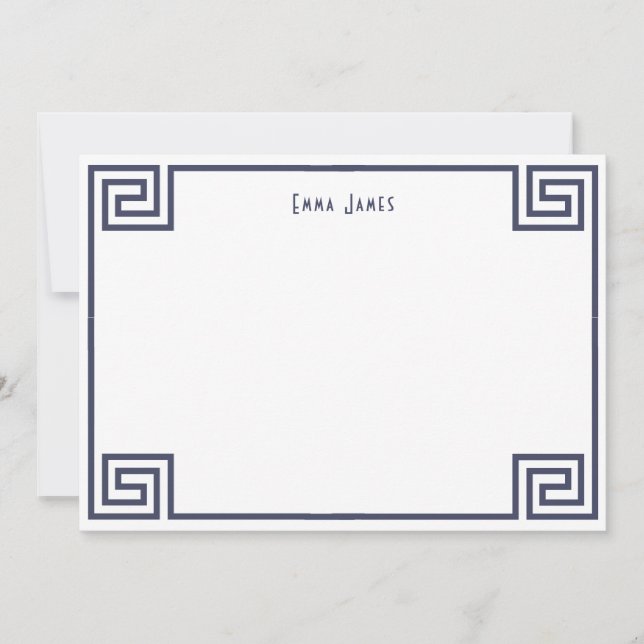 Elegant Navy Blue Greek Key Border Personalized Note Card (Front)