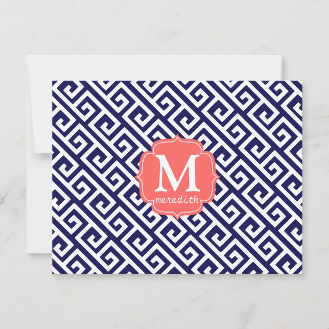 Elegant Navy Blue Greek Key Personalized Invitation (Front)