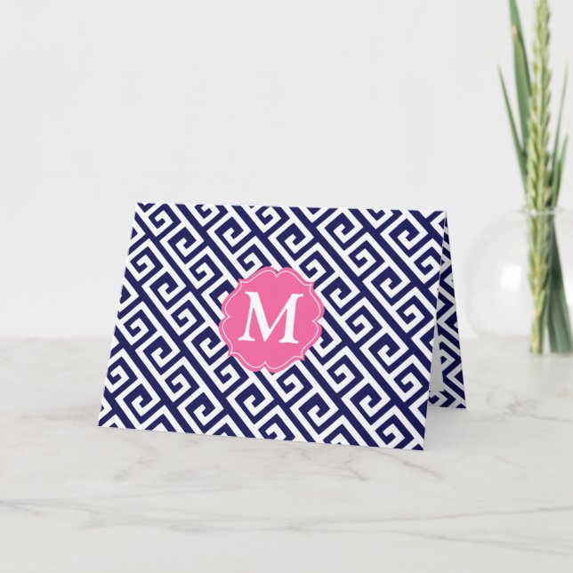 Elegant Navy Blue Greek Key Personalized Note Card (Front)