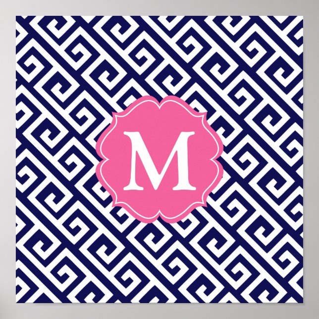 Elegant Navy Blue Greek Key Personalized Poster (Front)