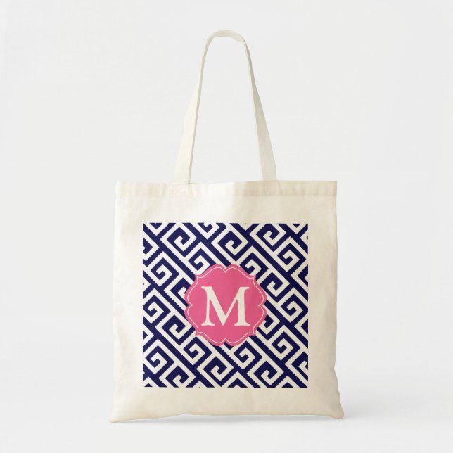 Elegant Navy Blue Greek Key Personalized Tote Bag (Front)