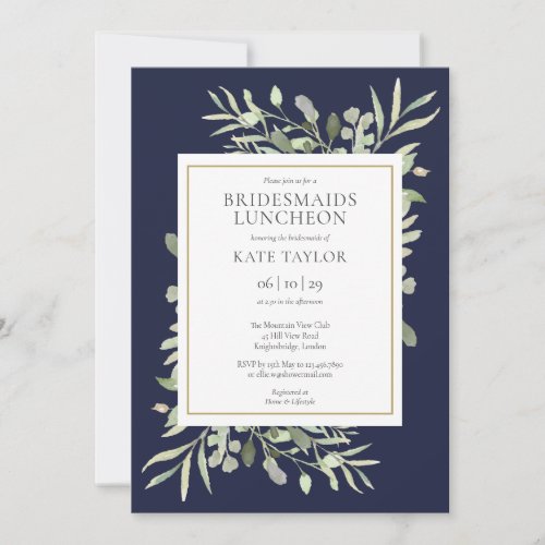 Elegant Navy Blue Greenery Bridesmaids Luncheon Invitation - Featuring delicate watercolor greenery leaves on a navy blue background, this chic bridesmaids luncheon invitation can be personalized with your special celebration event information. Designed by Thisisnotme©