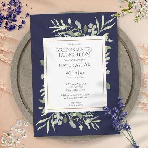 Elegant Navy Blue Greenery Bridesmaids Luncheon Invitation