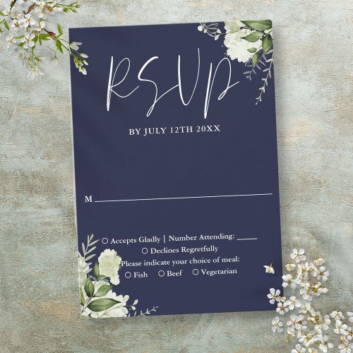 Elegant Navy Blue Greenery Floral Wedding RSVP Card