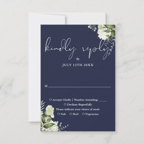 Elegant Navy Blue Greenery Floral Wedding RSVP Card